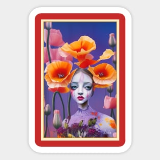 Floral art deco poppy flower painting of a girl in the Pop Surrealism style Sticker